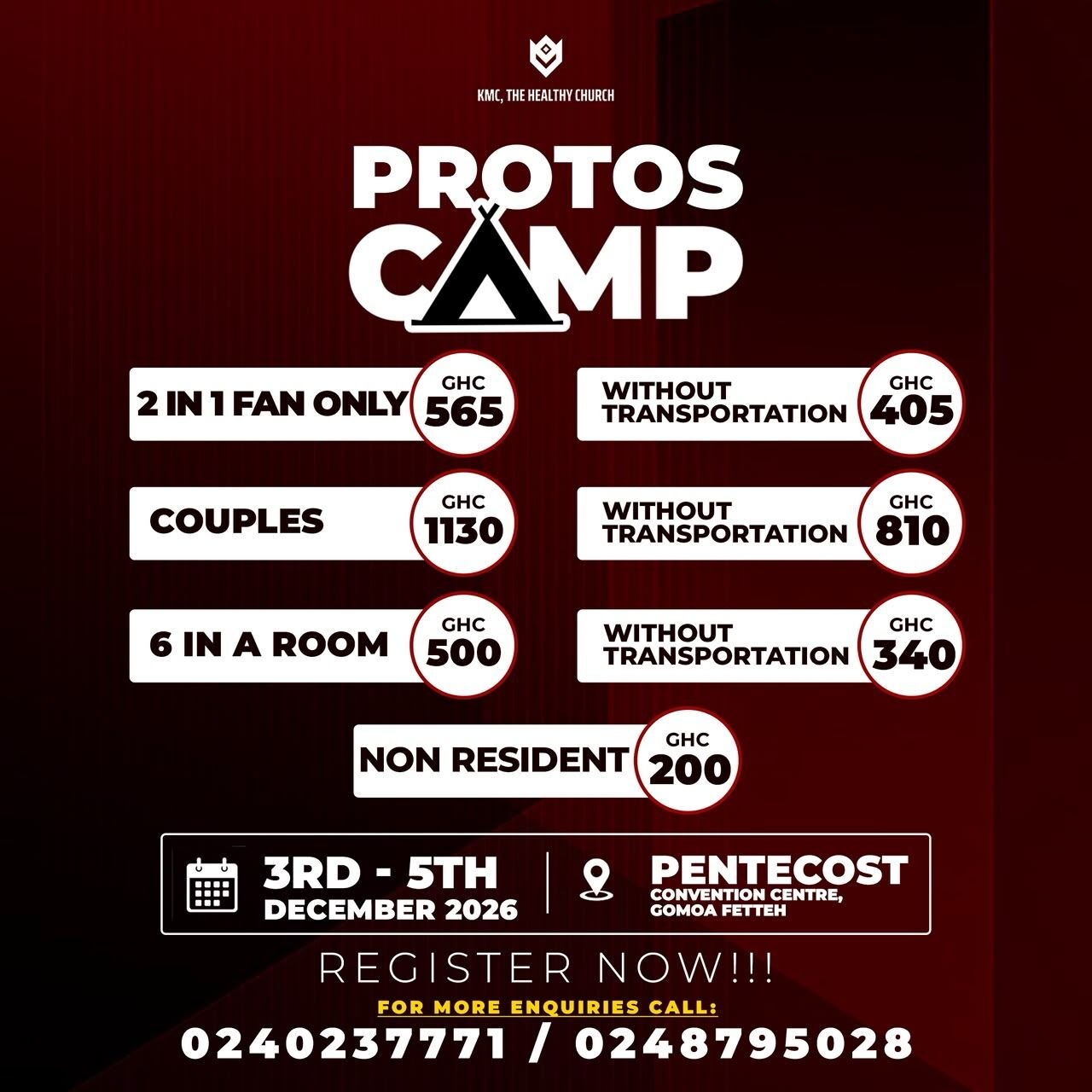 Protos Camp 2026 flyer showing camp packages, dates and venue
