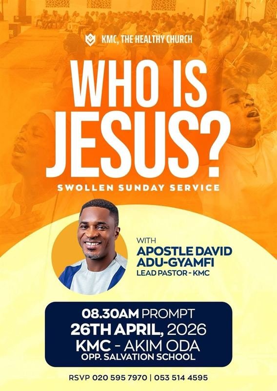 Flyer for the Who Is Jesus? Sunday service with Apostle David Adu-Gyamfi on 26 April 2026